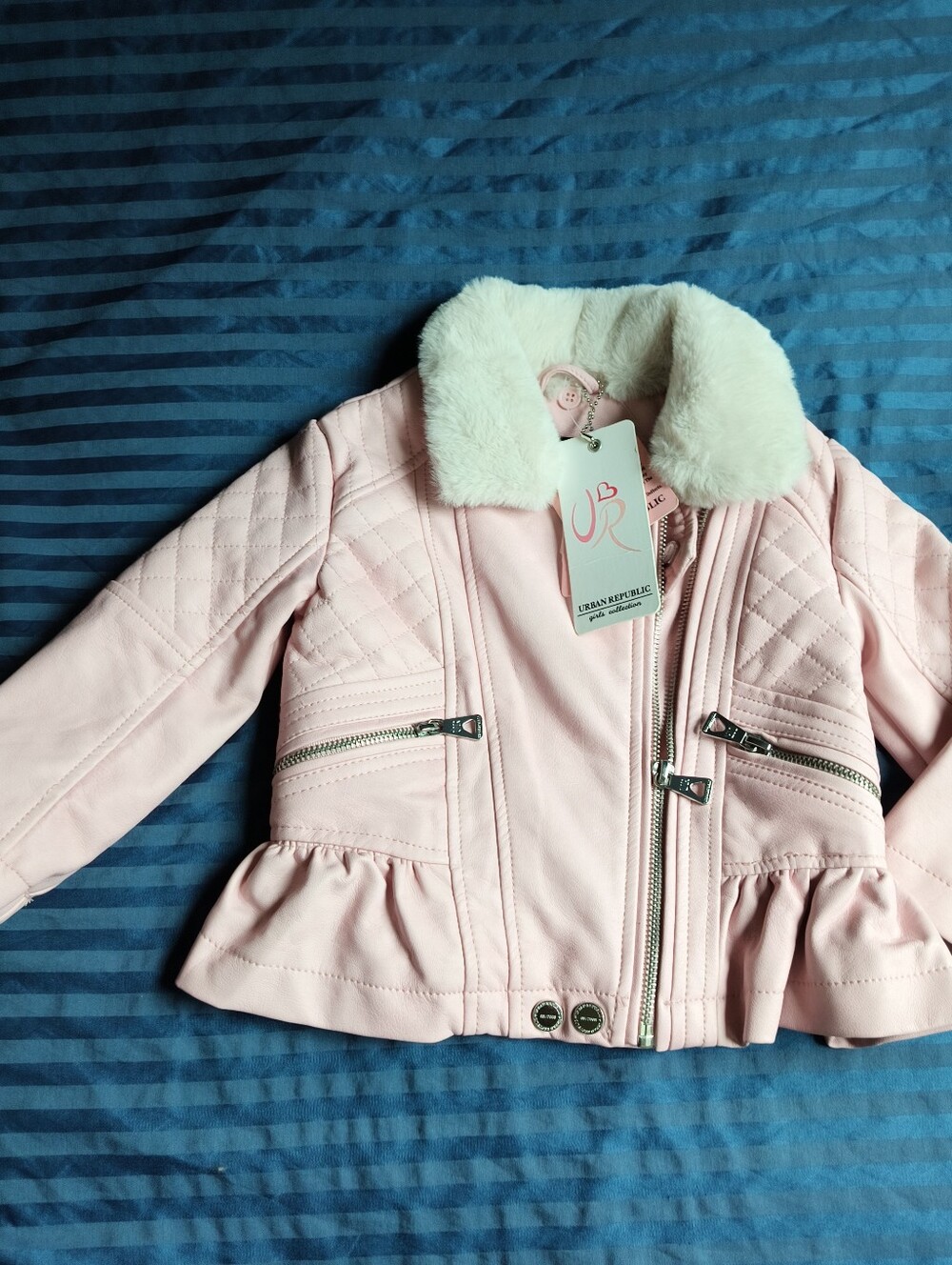 Urban Republic Light Pink Quilted Peplum Jacket with Faux-Fur Collar